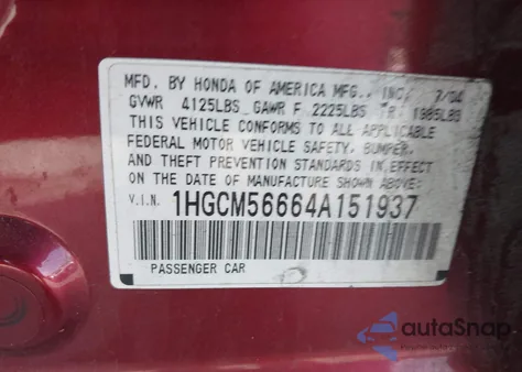 2004 Honda Accord 2.4 Ex from USA, damaged, VIN 1HGCM56664A151937